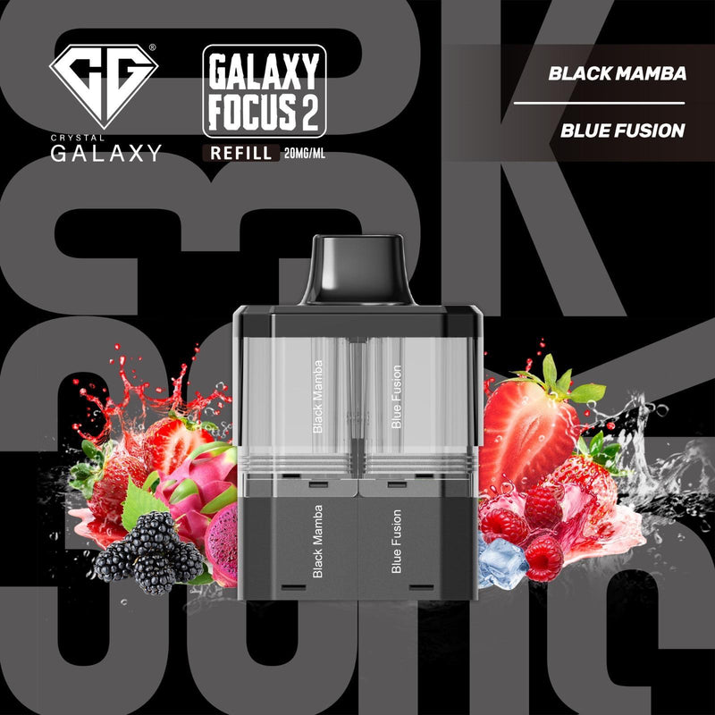 Black mamba and Blue Fusion Crystal Galaxy Focus 2 30K Prefilled Pods
